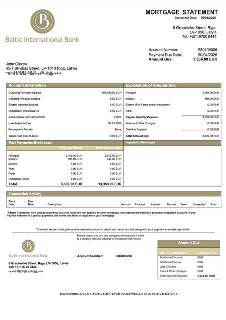 Download Latvia Baltic International Bank SE mortgage statement Word and PDF template Photoshop template